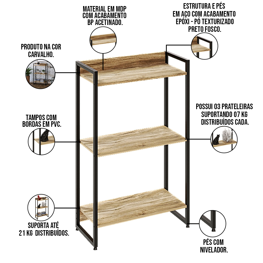 Kit Escritório Estante Areta 3 Prateleiras Mesa Industrial Aspen 120cm C01 Carvalho - Lyam Decor