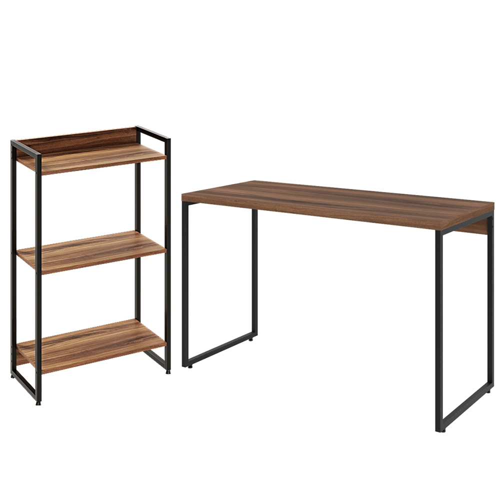 Kit Escritório Estante Areta 3 Prateleiras com Mesa Industrial Aspen 120cm C01 Nogal - Lyam Decor