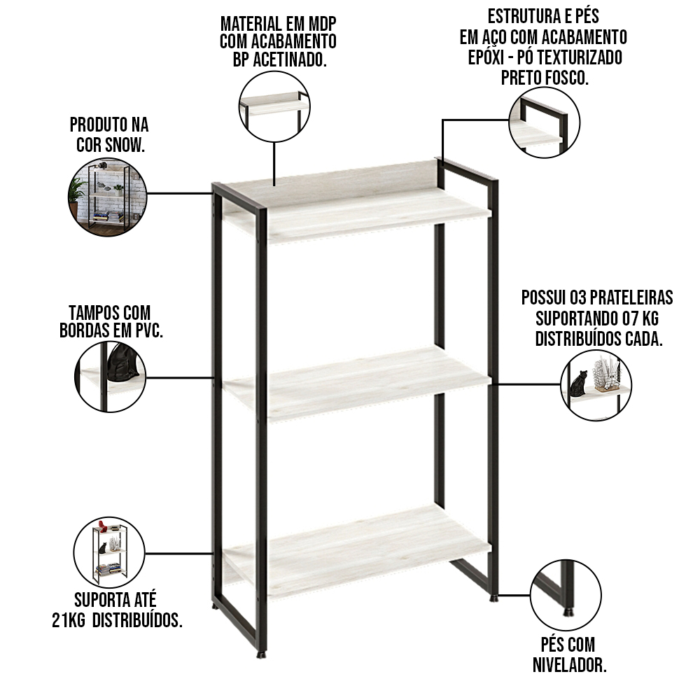 Kit Escritório Estante Areta 3 Prateleiras com Mesa Industrial Aspen 120cm C01 Snow - Lyam Decor