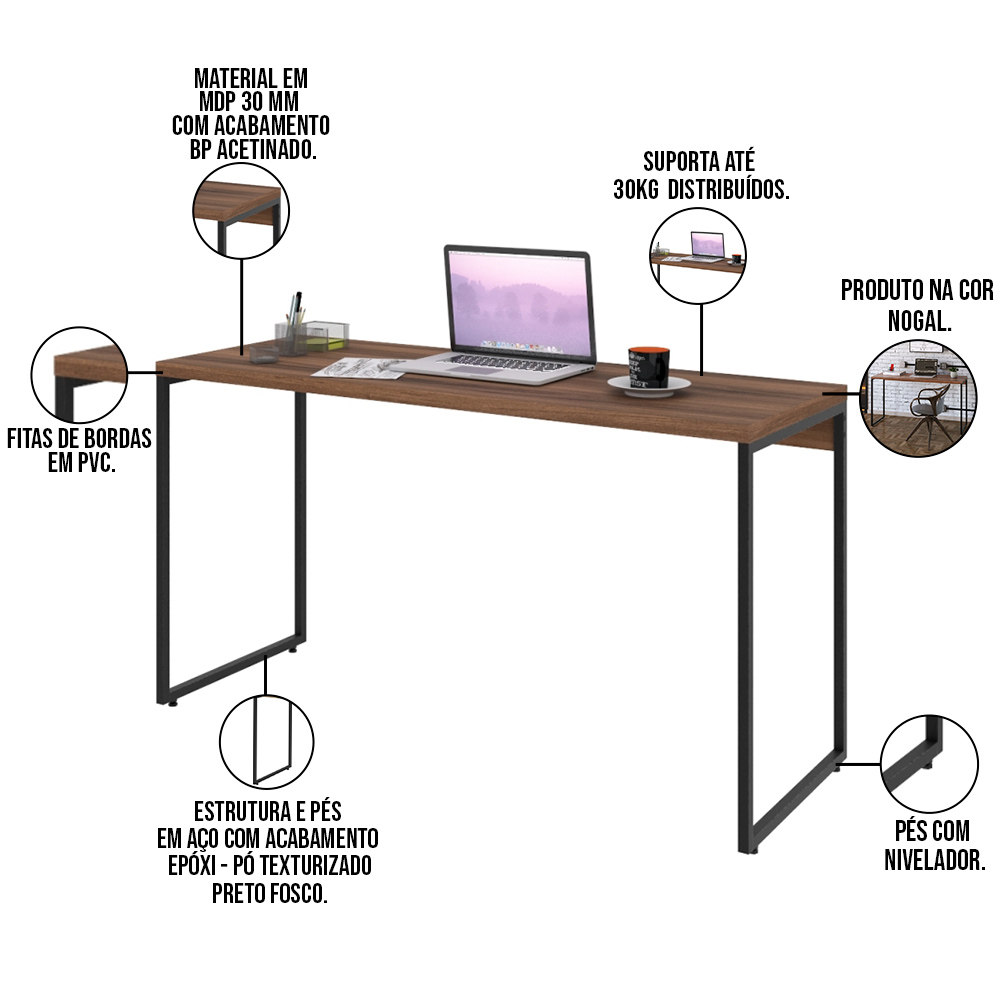 Kit Escritório Estante Areta 3 Prateleiras com Mesa Industrial Aspen 135cm C01 Nogal - Lyam Decor