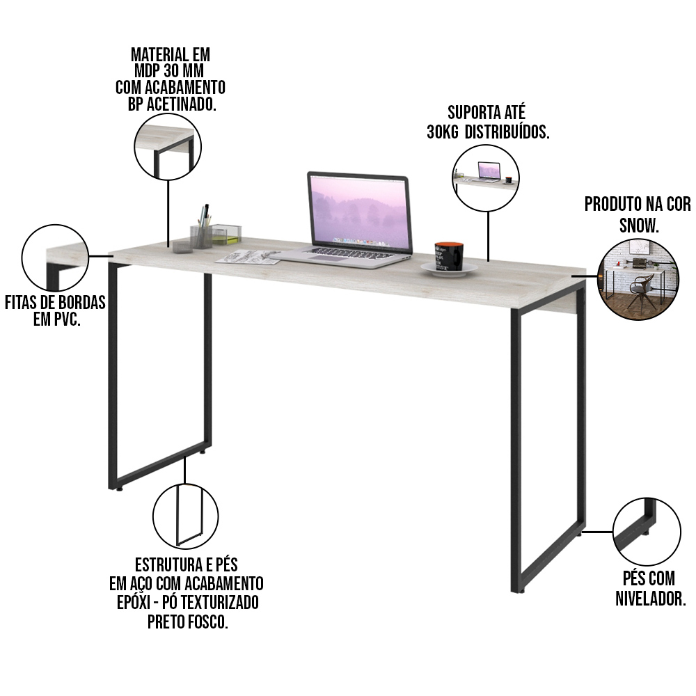 Kit Escritório Estante Areta 3 Prateleiras com Mesa Industrial Aspen 135cm C01 Snow - Lyam Decor