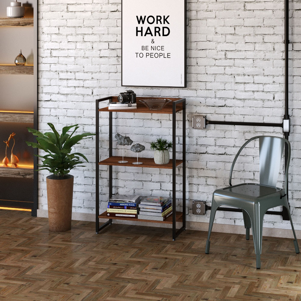 Kit Escritório Estante Areta 3 Prateleiras com Mesa Industrial Aspen 150cm C01 Nogal - Lyam Decor