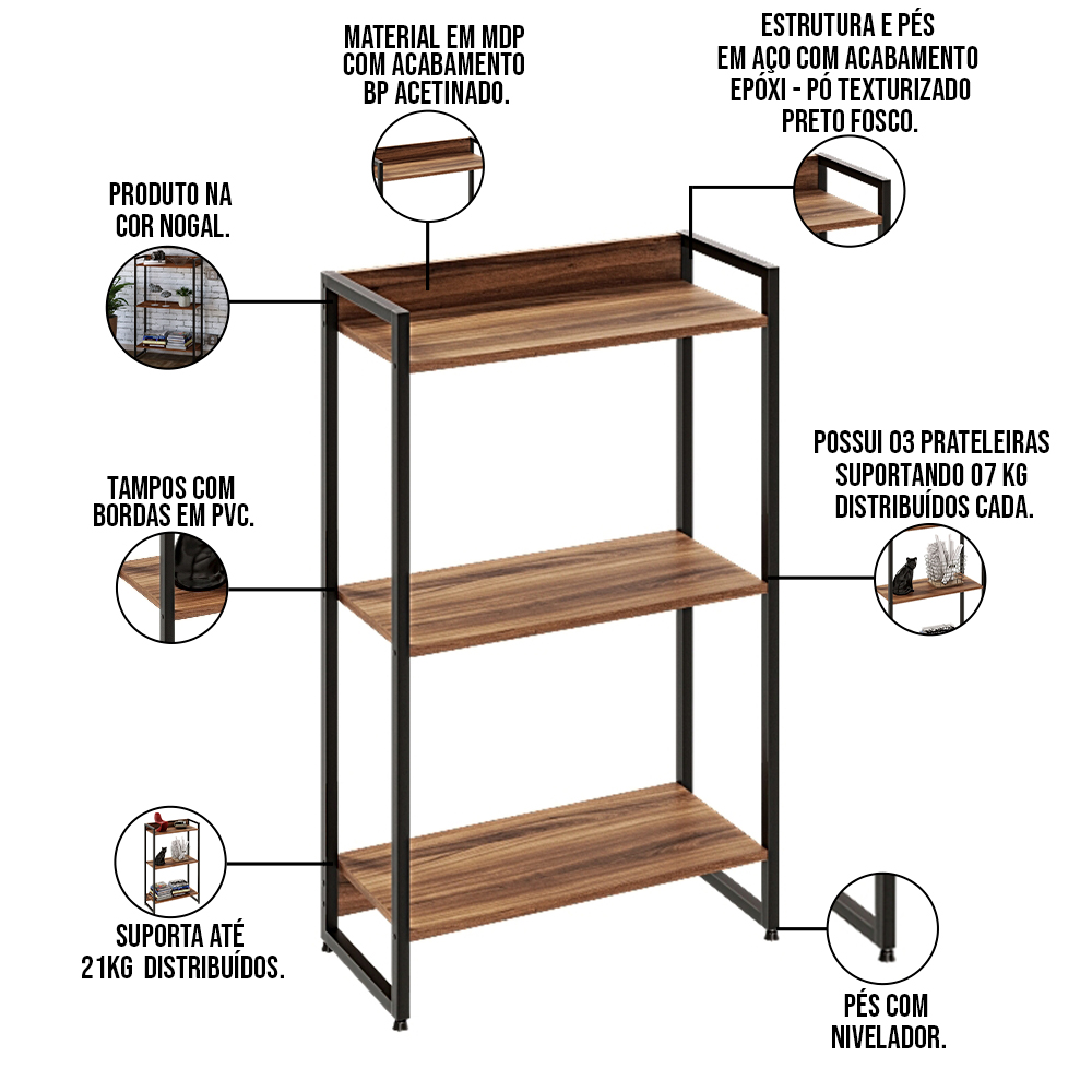 Kit Escritório Estante Areta 3 Prateleiras com Mesa Industrial Aspen 150cm C01 Nogal - Lyam Decor