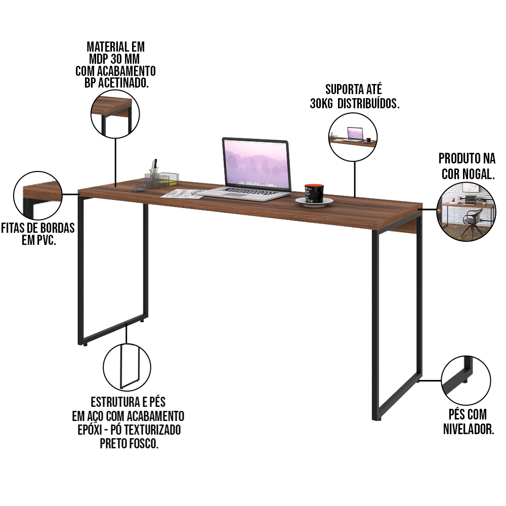 Kit Escritório Estante Areta 3 Prateleiras com Mesa Industrial Aspen 150cm C01 Nogal - Lyam Decor