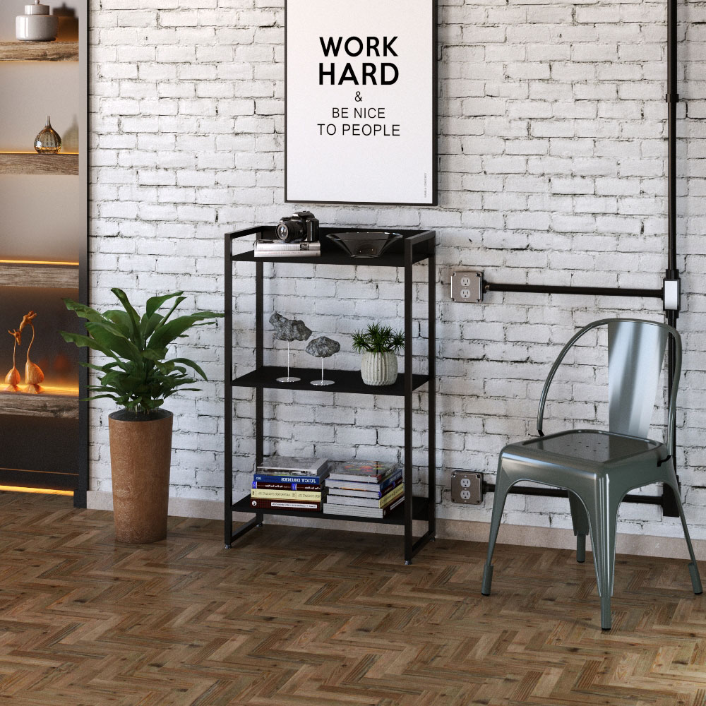 Kit Escritório Estante Areta 3 Prateleiras com Mesa Industrial Aspen 150cm C01 Onix - Lyam Decor