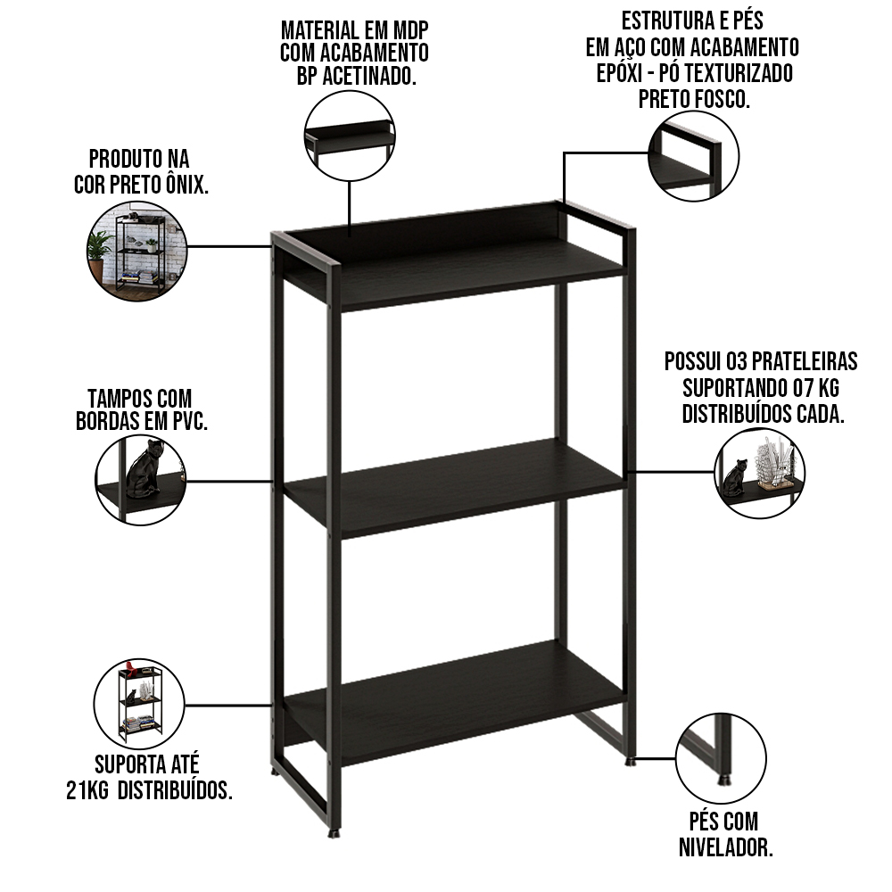 Kit Escritório Estante Areta 3 Prateleiras com Mesa Industrial Aspen 150cm C01 Onix - Lyam Decor