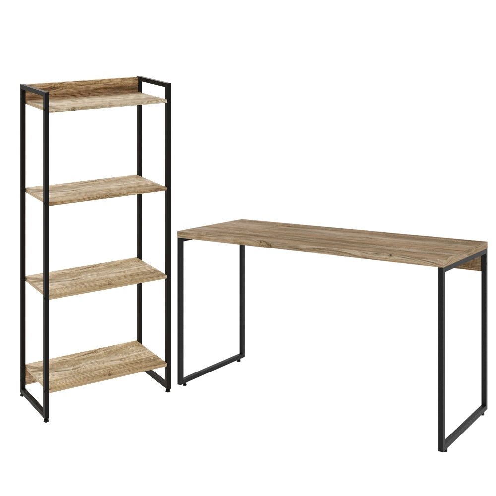 Kit Escritório Estante Areta 4 Prateleiras Mesa Industrial Aspen 135cm C01 Carvalho - Lyam Decor