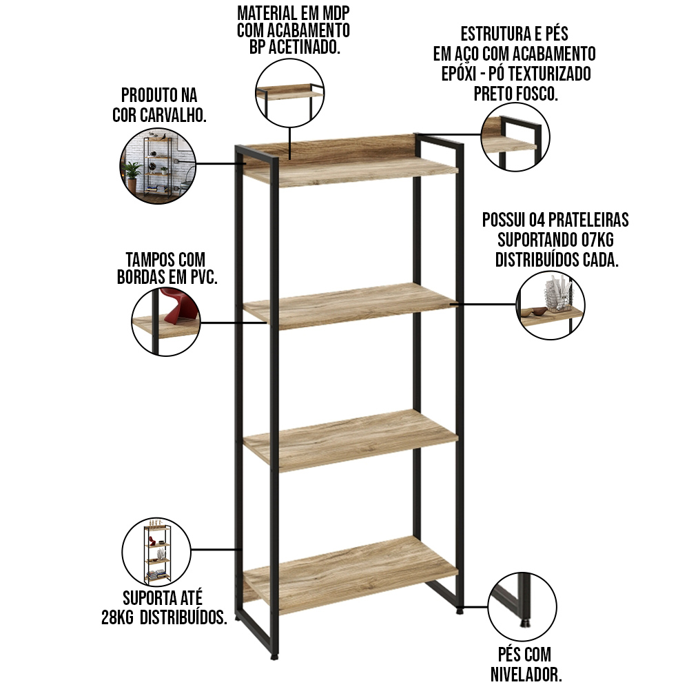 Kit Escritório Estante Areta 4 Prateleiras Mesa Industrial Aspen 135cm C01 Carvalho - Lyam Decor