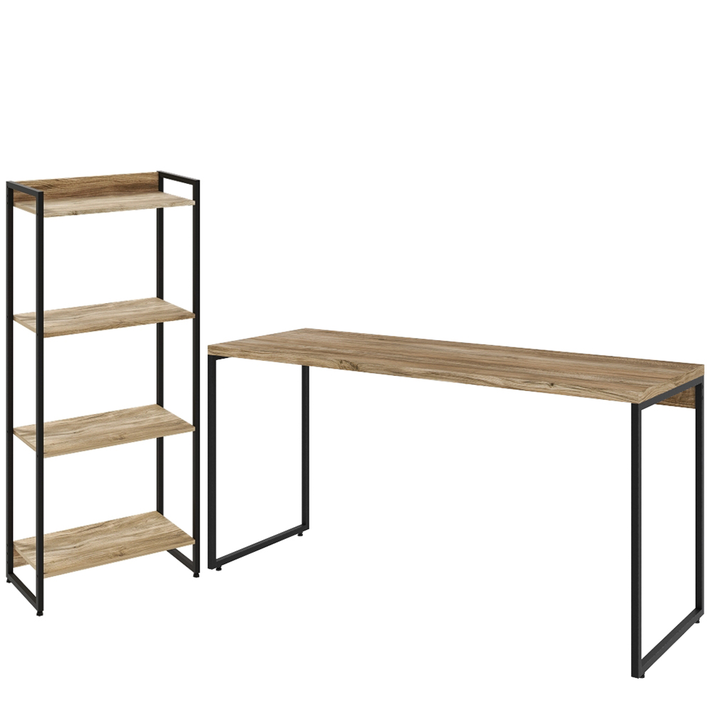 Kit Escritório Estante Areta 4 Prateleiras Mesa Industrial Aspen 150cm C01 Carvalho - Lyam Decor
