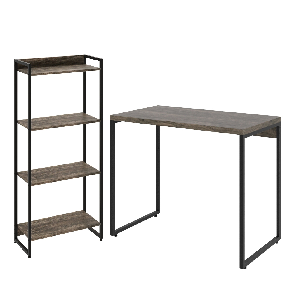 Kit Escritório Estante Areta 4 Prateleiras Mesa Industrial Aspen 90cm C01 Carvalho Dark - Lyam Decor