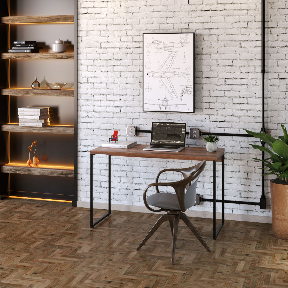 Kit Escritório Estante Areta 4 Prateleiras com Mesa Industrial Aspen 120cm C01 Nogal - Lyam Decor