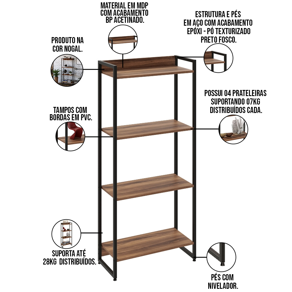 Kit Escritório Estante Areta 4 Prateleiras com Mesa Industrial Aspen 120cm C01 Nogal - Lyam Decor