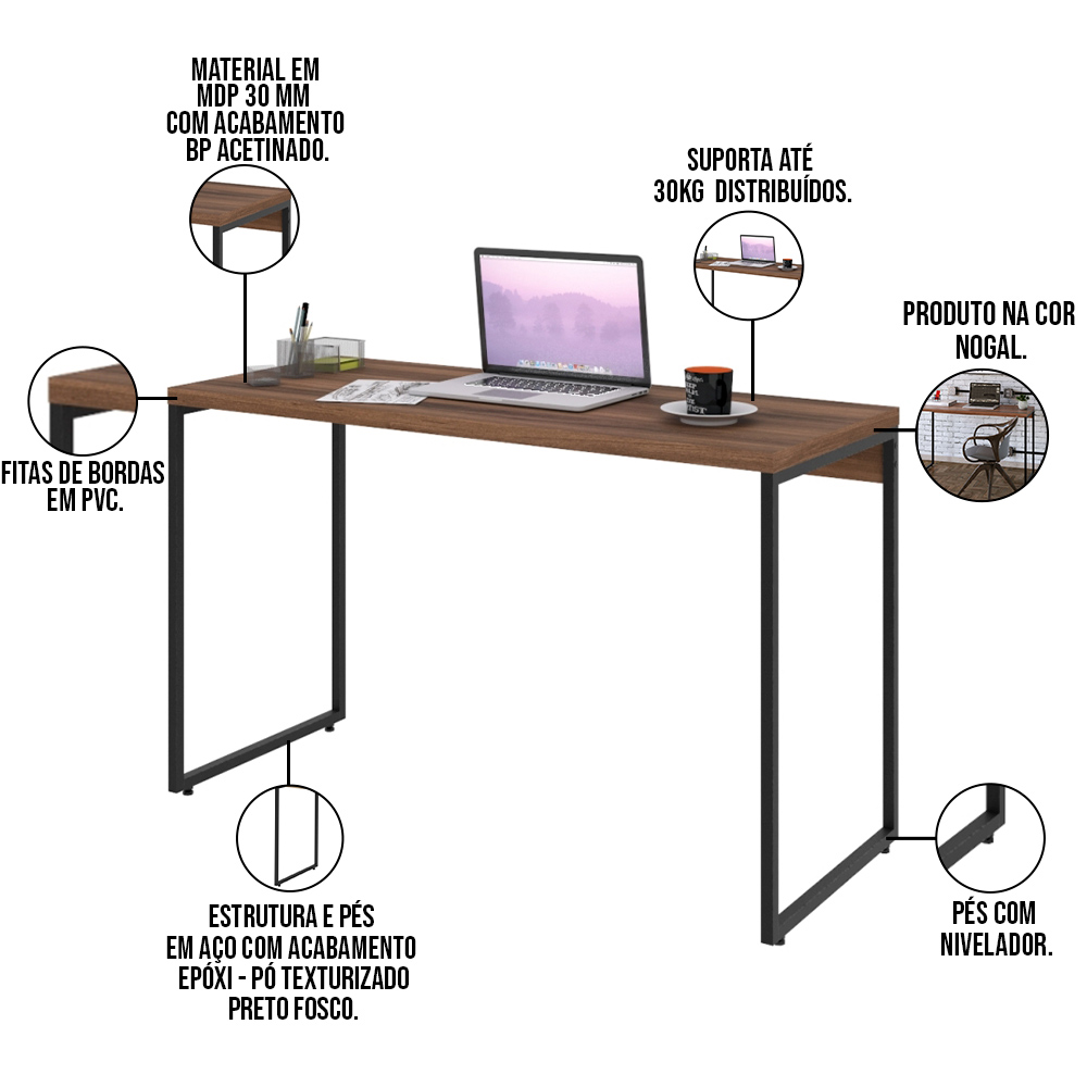 Kit Escritório Estante Areta 4 Prateleiras com Mesa Industrial Aspen 120cm C01 Nogal - Lyam Decor