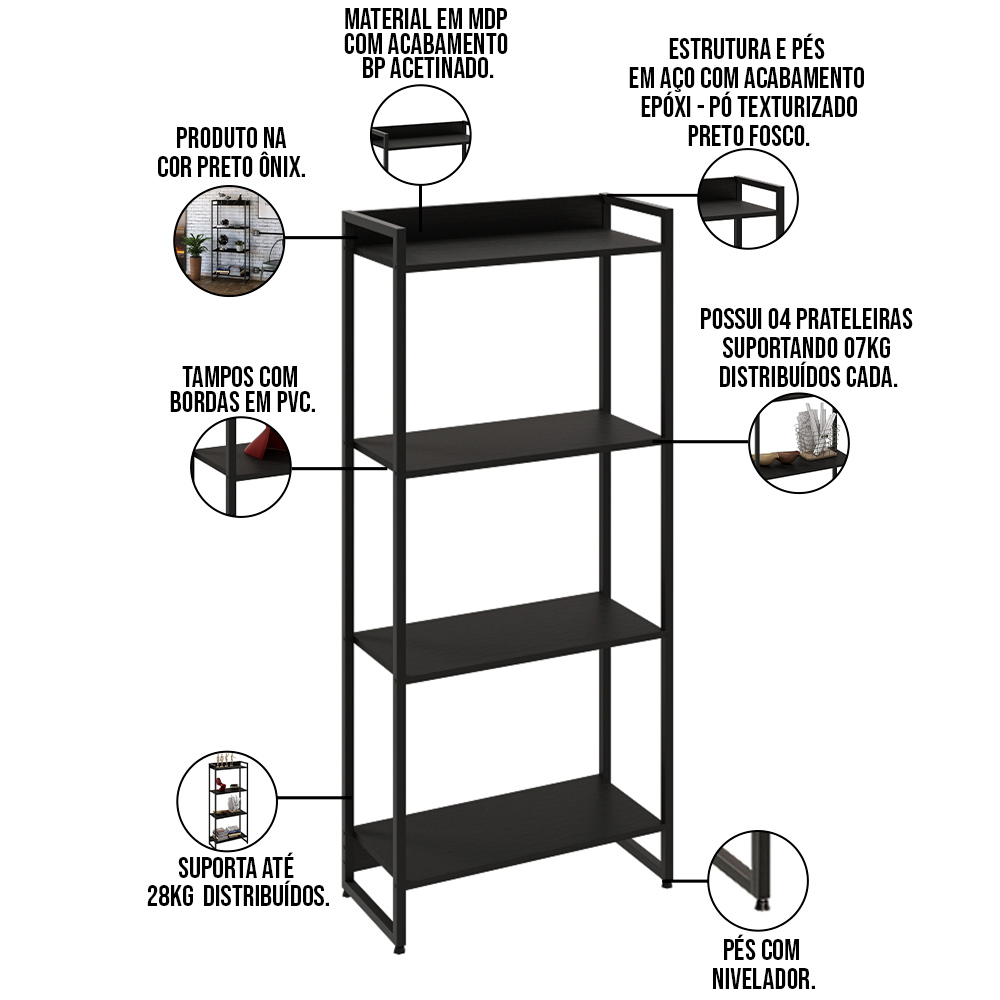 Kit Escritório Estante Areta 4 Prateleiras com Mesa Industrial Aspen 120cm C01 Onix - Lyam Decor