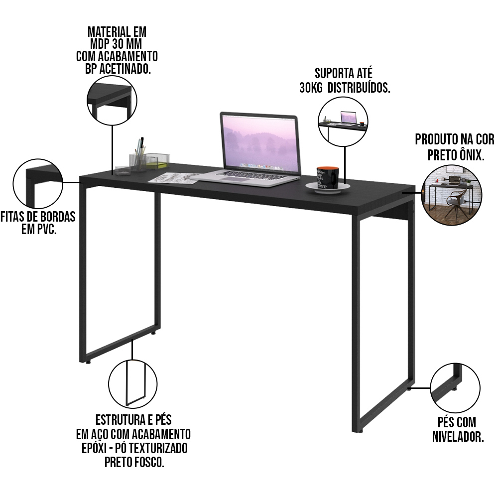 Kit Escritório Estante Areta 4 Prateleiras com Mesa Industrial Aspen 120cm C01 Onix - Lyam Decor