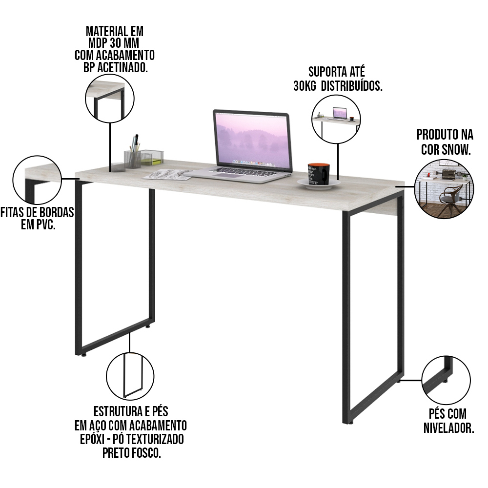 Kit Escritório Estante Areta 4 Prateleiras com Mesa Industrial Aspen 120cm C01 Snow - Lyam Decor