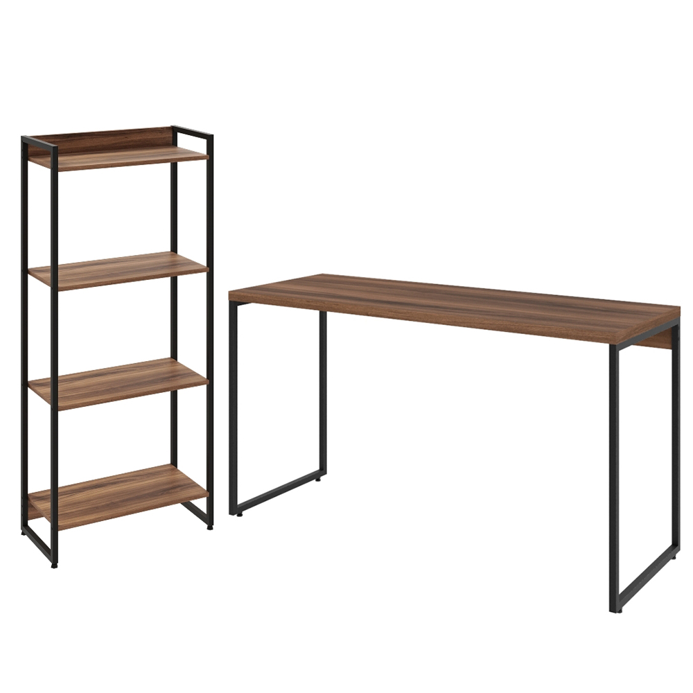 Kit Escritório Estante Areta 4 Prateleiras com Mesa Industrial Aspen 135cm C01 Nogal - Lyam Decor
