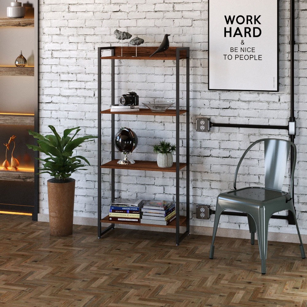 Kit Escritório Estante Areta 4 Prateleiras com Mesa Industrial Aspen 135cm C01 Nogal - Lyam Decor