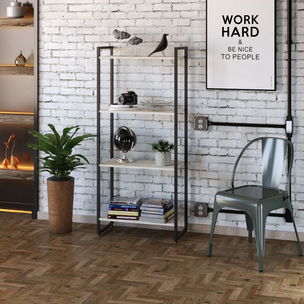Kit Escritório Estante Areta 4 Prateleiras com Mesa Industrial Aspen 150cm C01 Snow - Lyam Decor