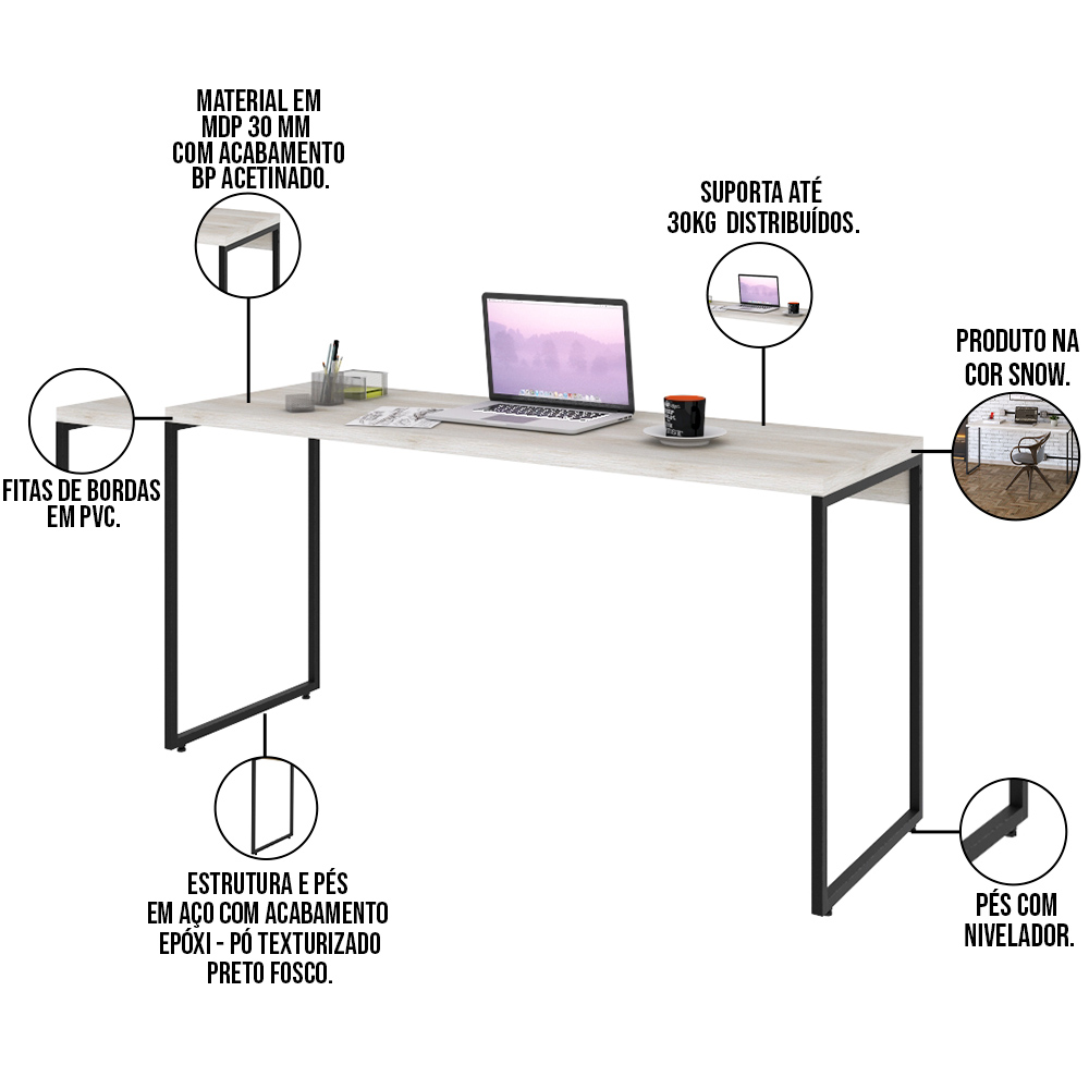 Kit Escritório Estante Areta 4 Prateleiras com Mesa Industrial Aspen 150cm C01 Snow - Lyam Decor