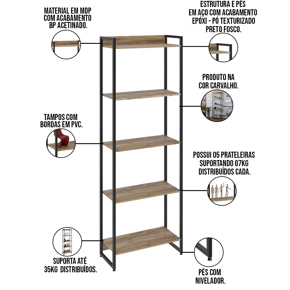 Kit Escritório Estante Areta 5 Prateleiras Mesa Industrial Aspen 150cm C01 Carvalho - Lyam Decor