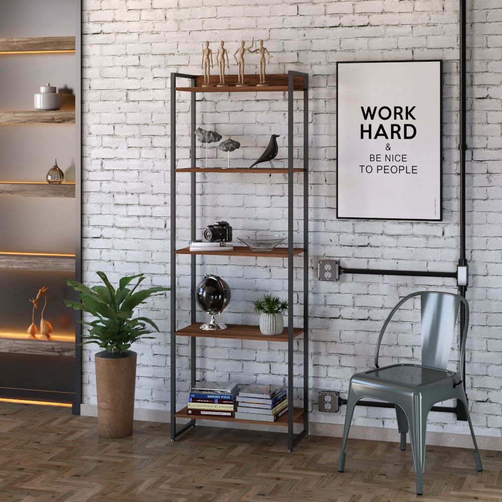 Kit Escritório Estante Areta 5 Prateleiras com Mesa Industrial Aspen 120cm C01 Nogal - Lyam Decor