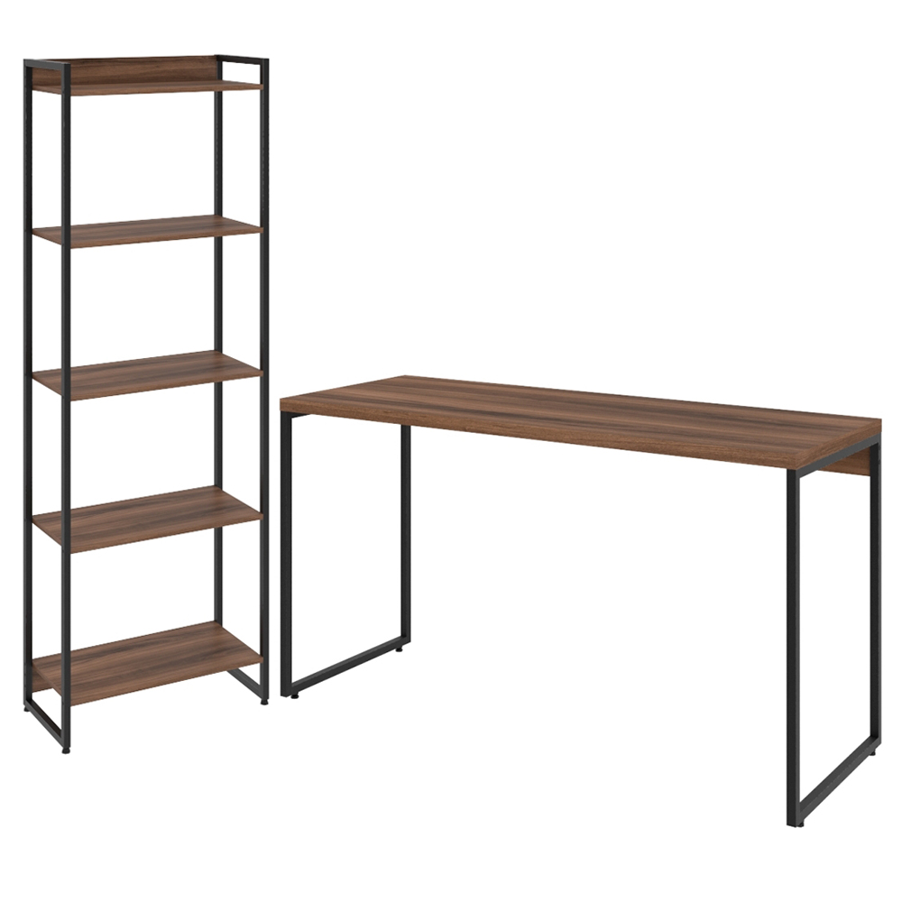 Kit Escritório Estante Areta 5 Prateleiras com Mesa Industrial Aspen 135cm C01 Nogal - Lyam Decor