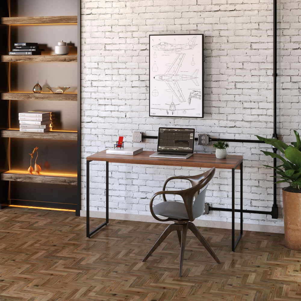 Kit Escritório Estante Areta 5 Prateleiras com Mesa Industrial Aspen 135cm C01 Nogal - Lyam Decor