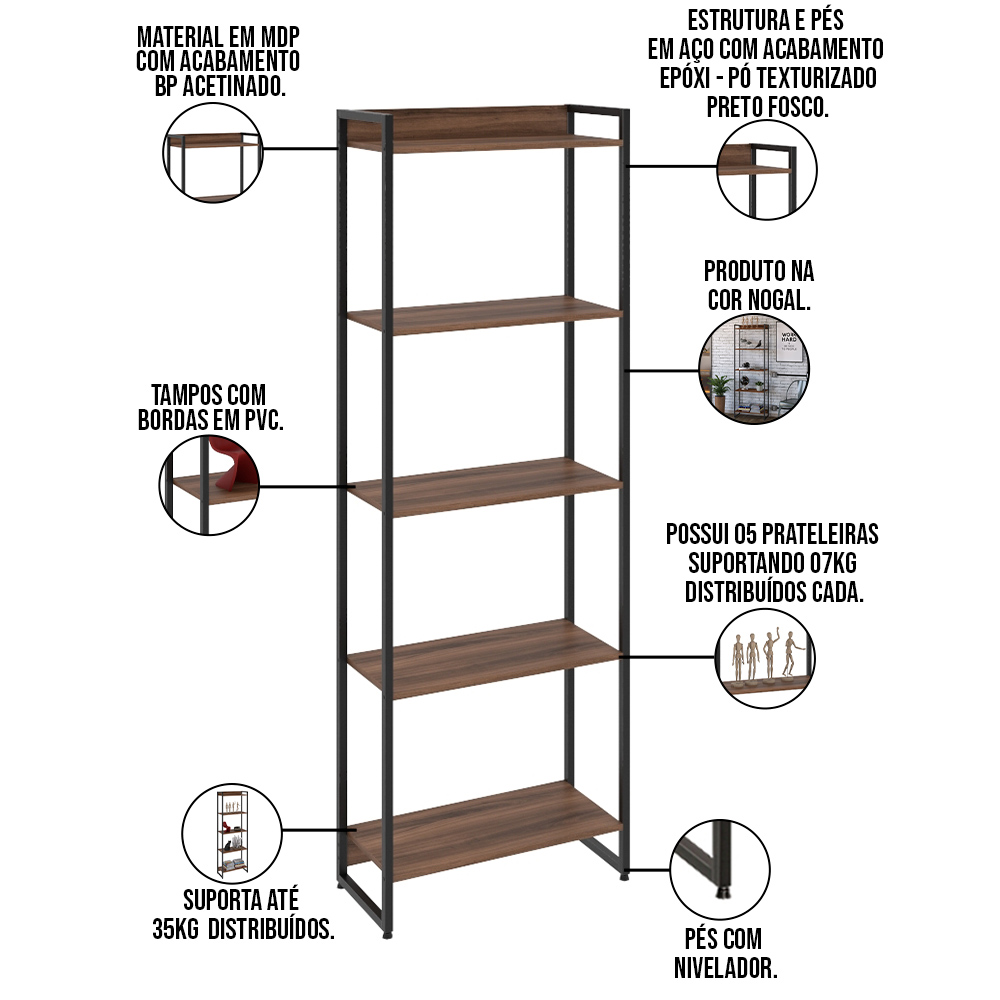 Kit Escritório Estante Areta 5 Prateleiras com Mesa Industrial Aspen 135cm C01 Nogal - Lyam Decor
