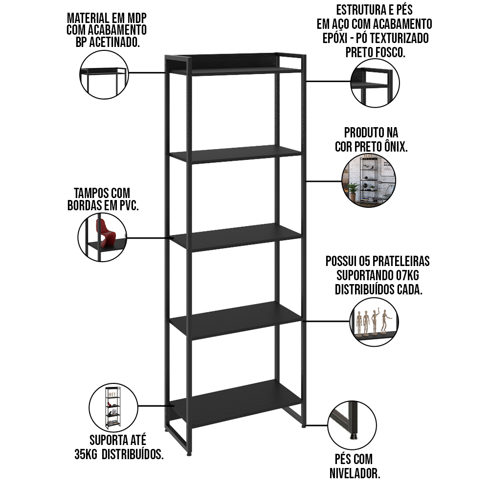 Kit Escritório Estante Areta 5 Prateleiras com Mesa Industrial Aspen 135cm C01 Onix - Lyam Decor