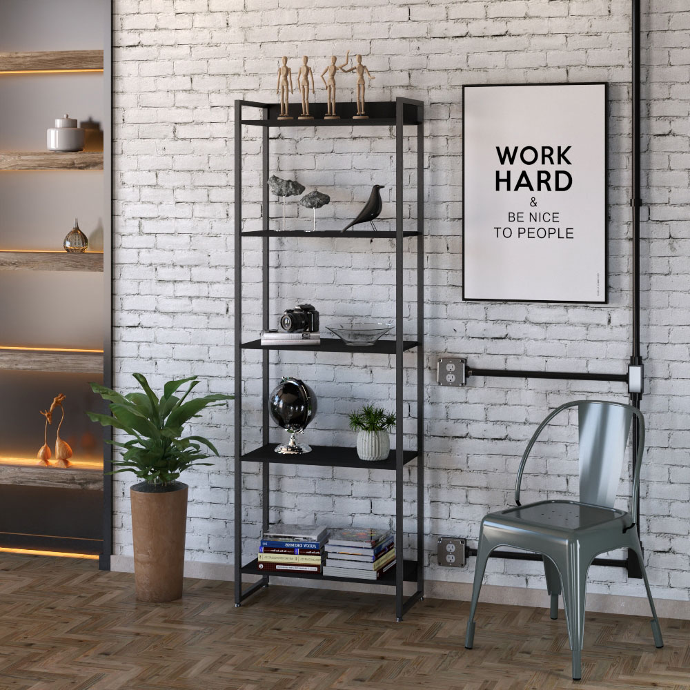 Kit Escritório Estante Areta 5 Prateleiras com Mesa Industrial Aspen 150cm C01 Onix - Lyam Decor
