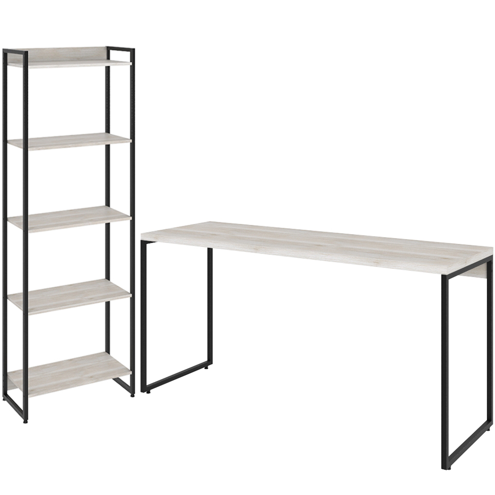 Kit Escritório Estante Areta 5 Prateleiras com Mesa Industrial Aspen 150cm C01 Snow - Lyam Decor