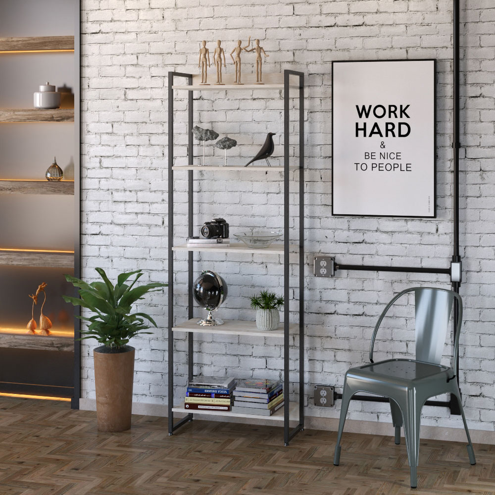 Kit Escritório Estante Areta 5 Prateleiras com Mesa Industrial Aspen 150cm C01 Snow - Lyam Decor