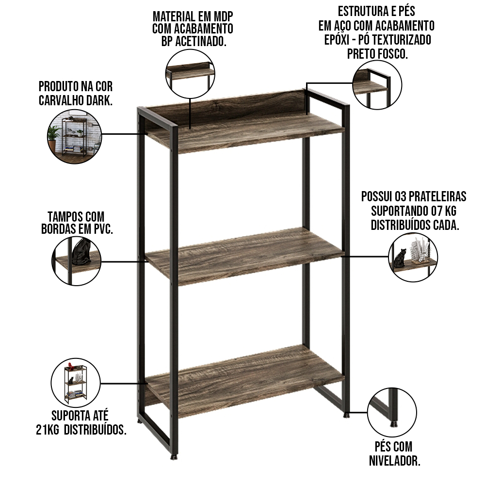 Kit Estante Areta 3 Prateleiras com Mesa Industrial Aspen 120cm C01 Carvalho Dark - Lyam Decor