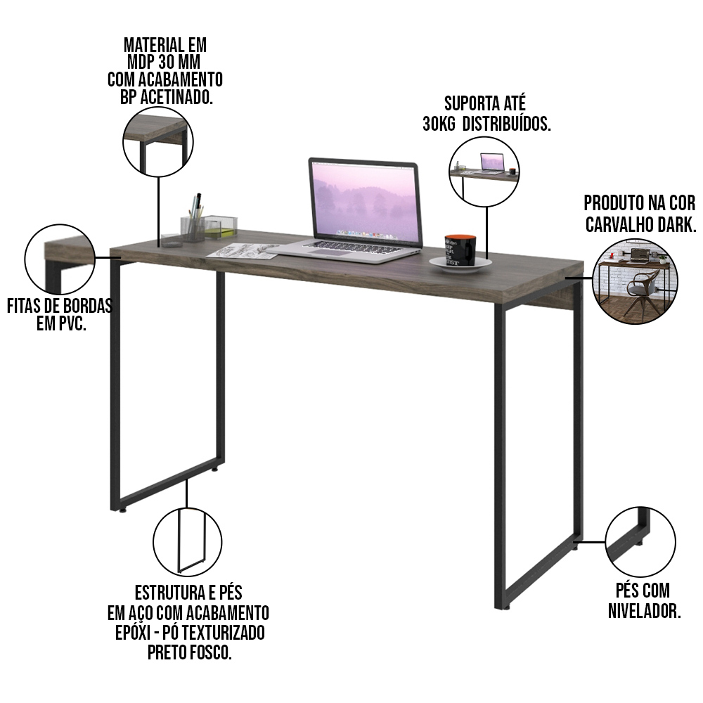 Kit Estante Areta 4 Prateleiras com Mesa Industrial Aspen 120cm C01 Carvalho Dark - Lyam Decor