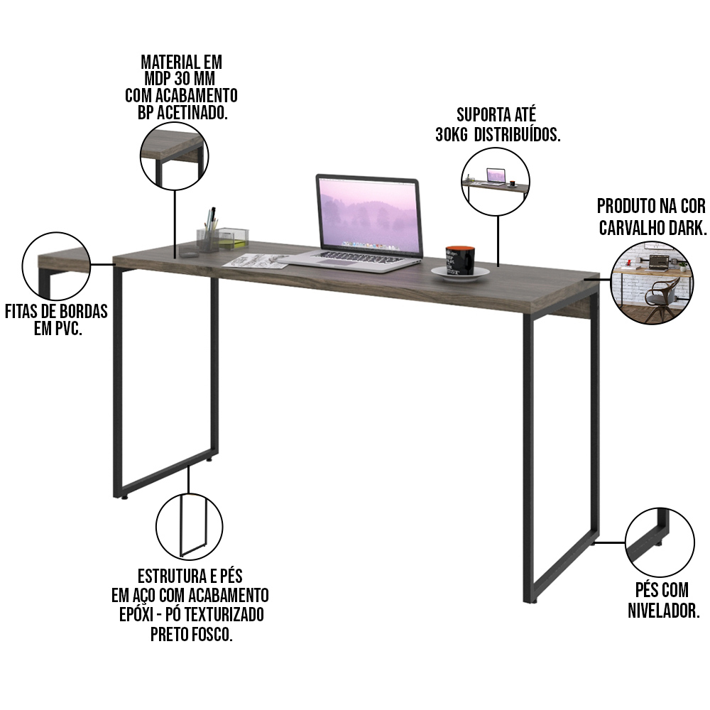 Kit Estante Areta 4 Prateleiras com Mesa Industrial Aspen 135cm C01 Carvalho Dark - Lyam Decor