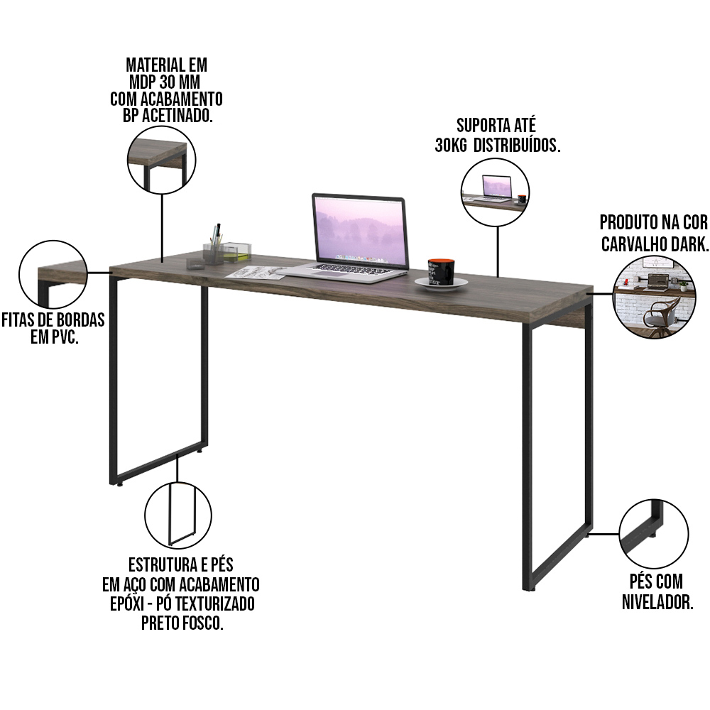 Kit Estante Areta 4 Prateleiras com Mesa Industrial Aspen 150cm C01 Carvalho Dark - Lyam Decor