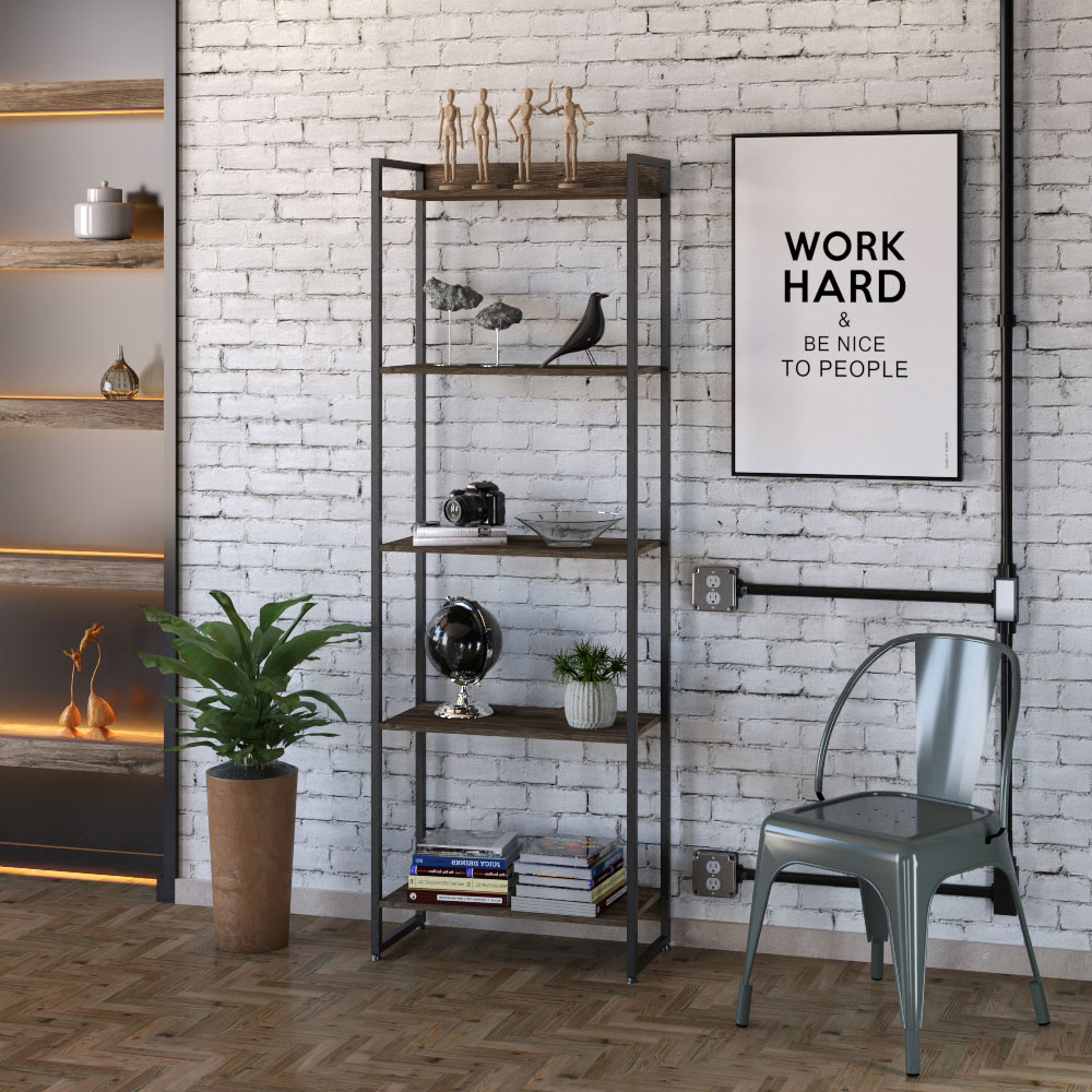 Kit Estante Areta 5 Prateleiras com Mesa Industrial Aspen 120cm C01 Carvalho Dark - Lyam Decor