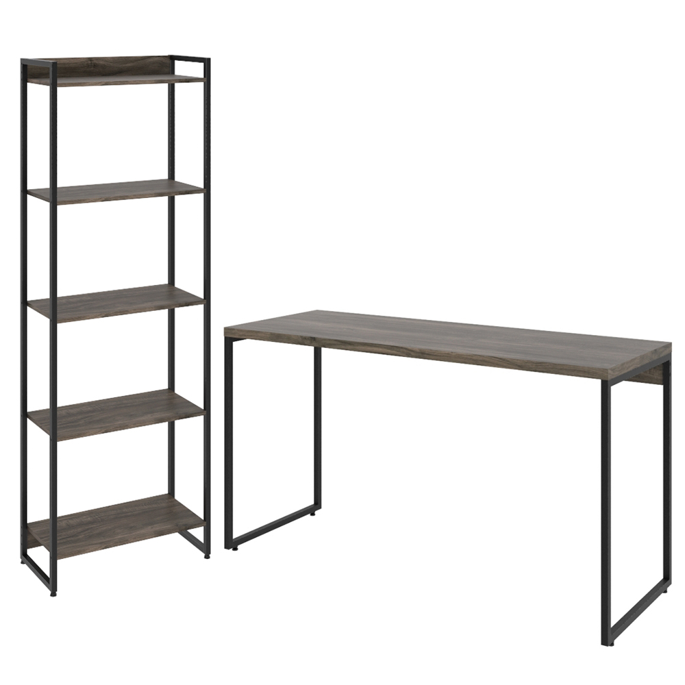 Kit Estante Areta 5 Prateleiras com Mesa Industrial Aspen 135cm C01 Carvalho Dark - Lyam Decor