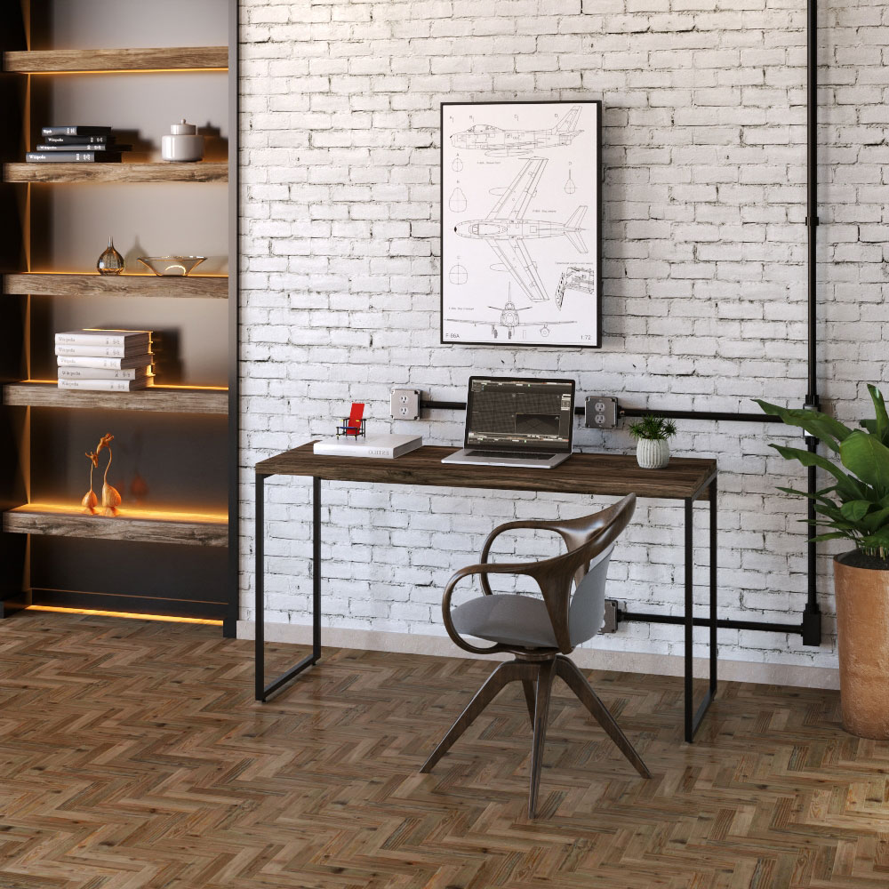 Kit Estante Areta 5 Prateleiras com Mesa Industrial Aspen 135cm C01 Carvalho Dark - Lyam Decor