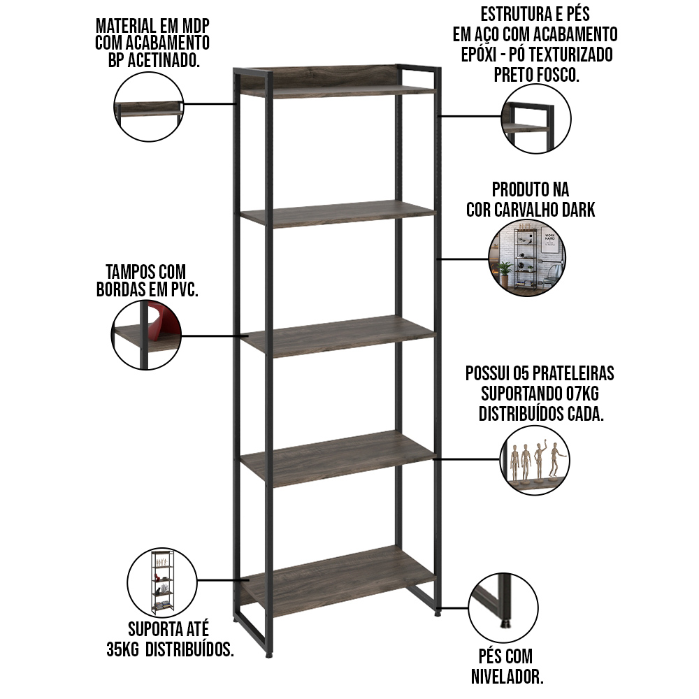 Kit Estante Areta 5 Prateleiras com Mesa Industrial Aspen 150cm C01 Carvalho Dark - Lyam Decor