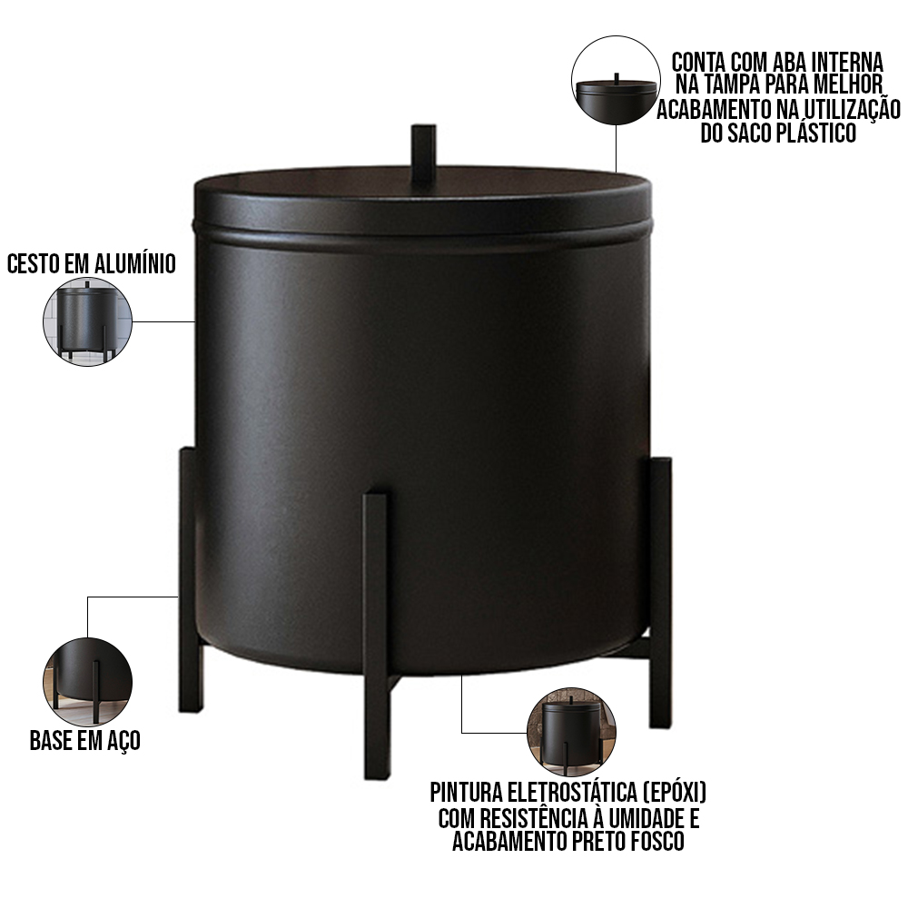 Kit Lixeira Com Tampa Multiuso 6L Kalli e Papeleira de chão Set Aço D01 Preto Fosco - Lyam Decor