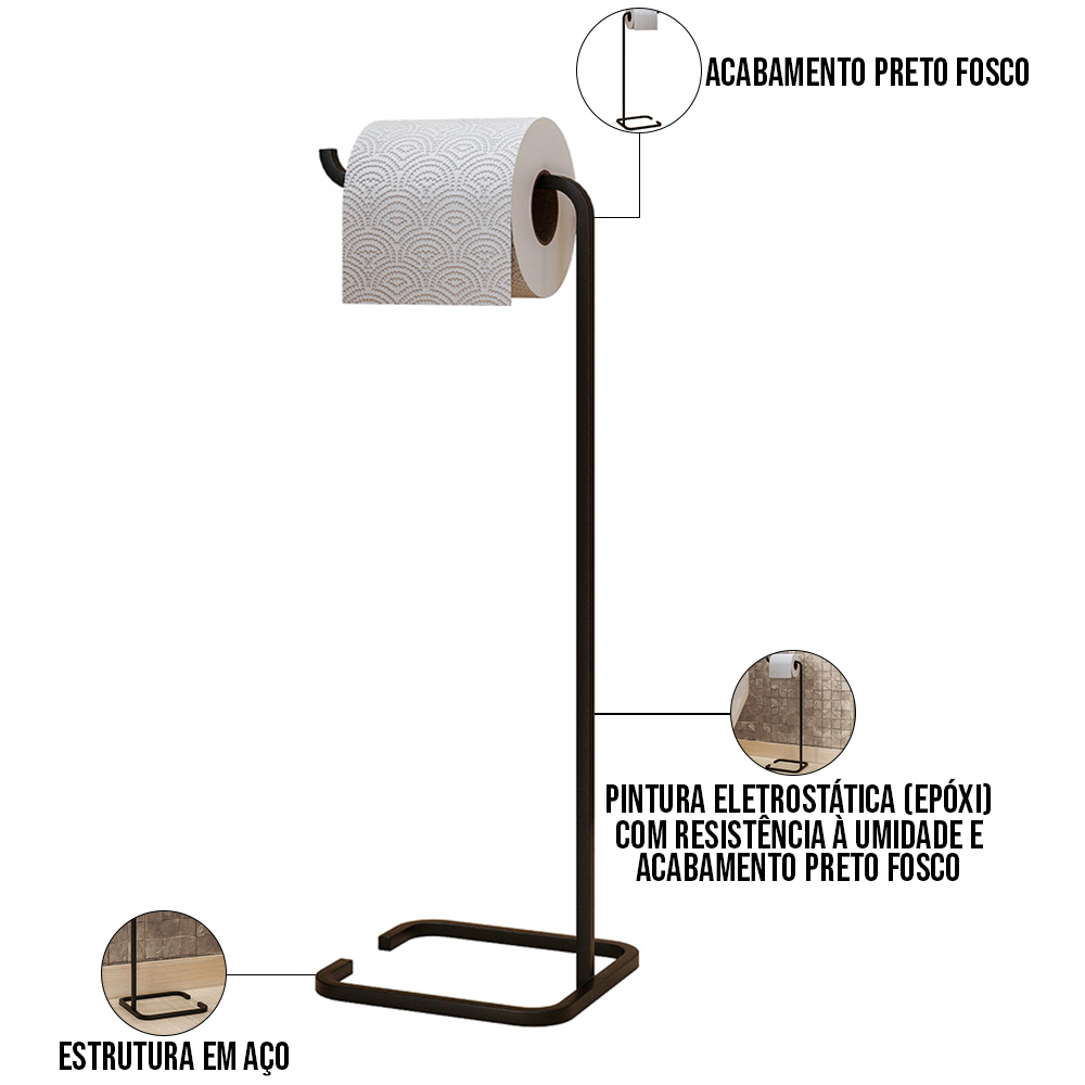 Kit Lixeira Com Tampa Multiuso 6L Kalli e Papeleira de chão Set Aço D01 Preto Fosco - Lyam Decor