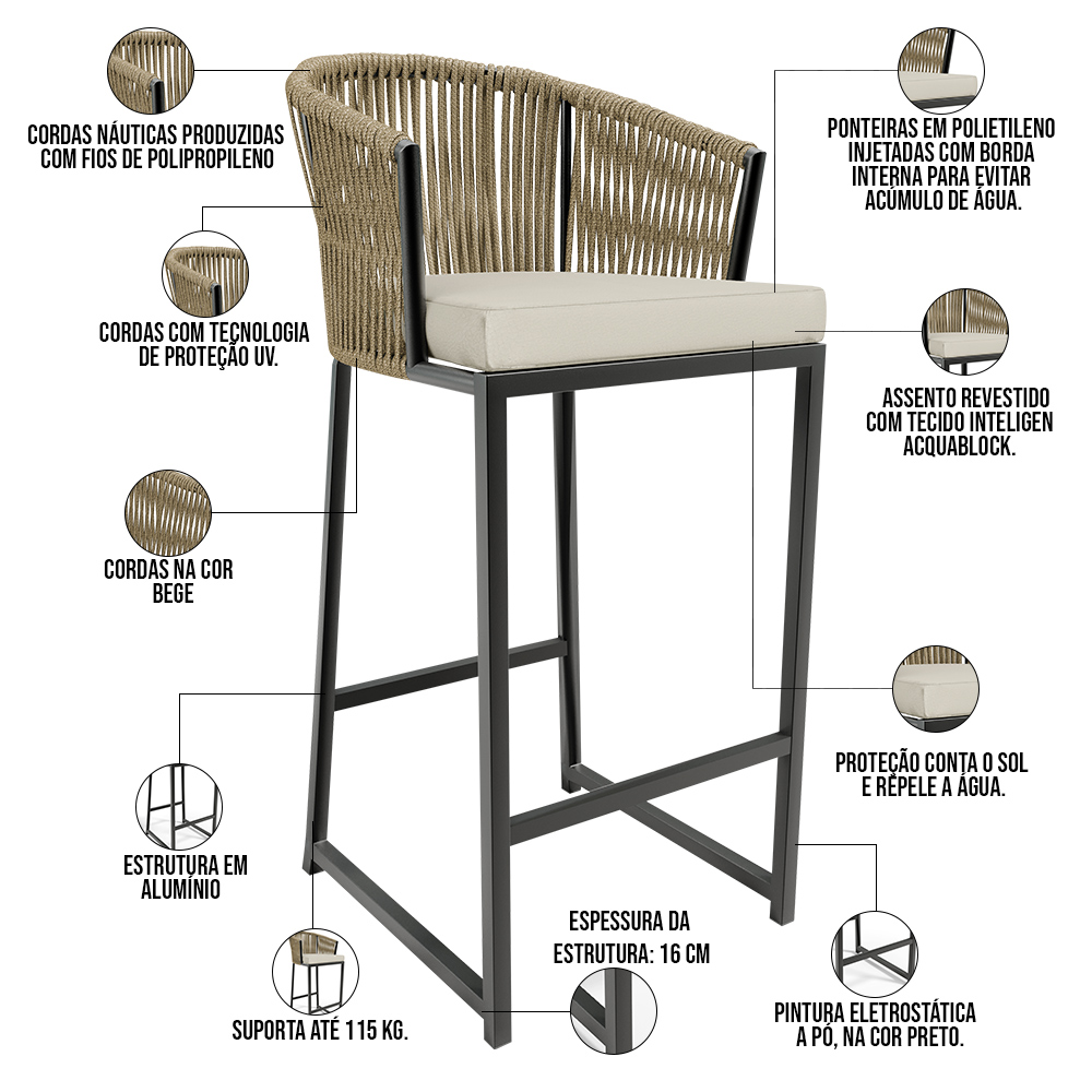 Kit Mesa Bistrô Maya Com 03 Banquetas Área Gourmet Bar Corda Náutica Sunset D04 Bege - Lyam Decor