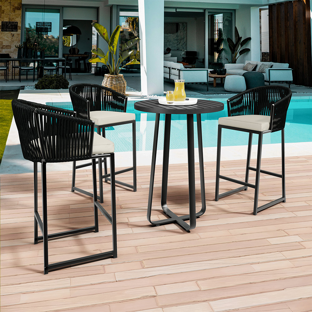 Kit Mesa Bistrô Maya Com 03 Banquetas Área Gourmet Bar Corda Náutica Sunset D04 Preto - Lyam Decor