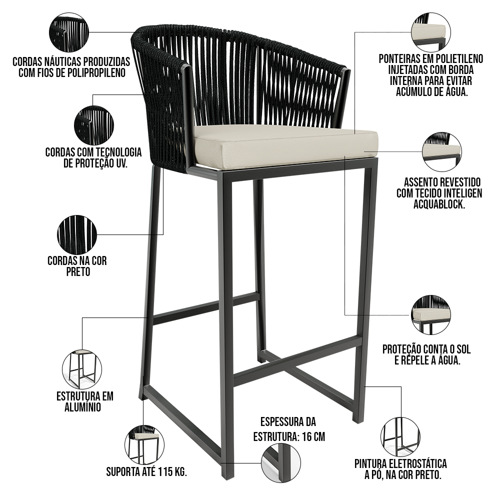 Kit Mesa Bistrô Maya Com 03 Banquetas Área Gourmet Bar Corda Náutica Sunset D04 Preto - Lyam Decor