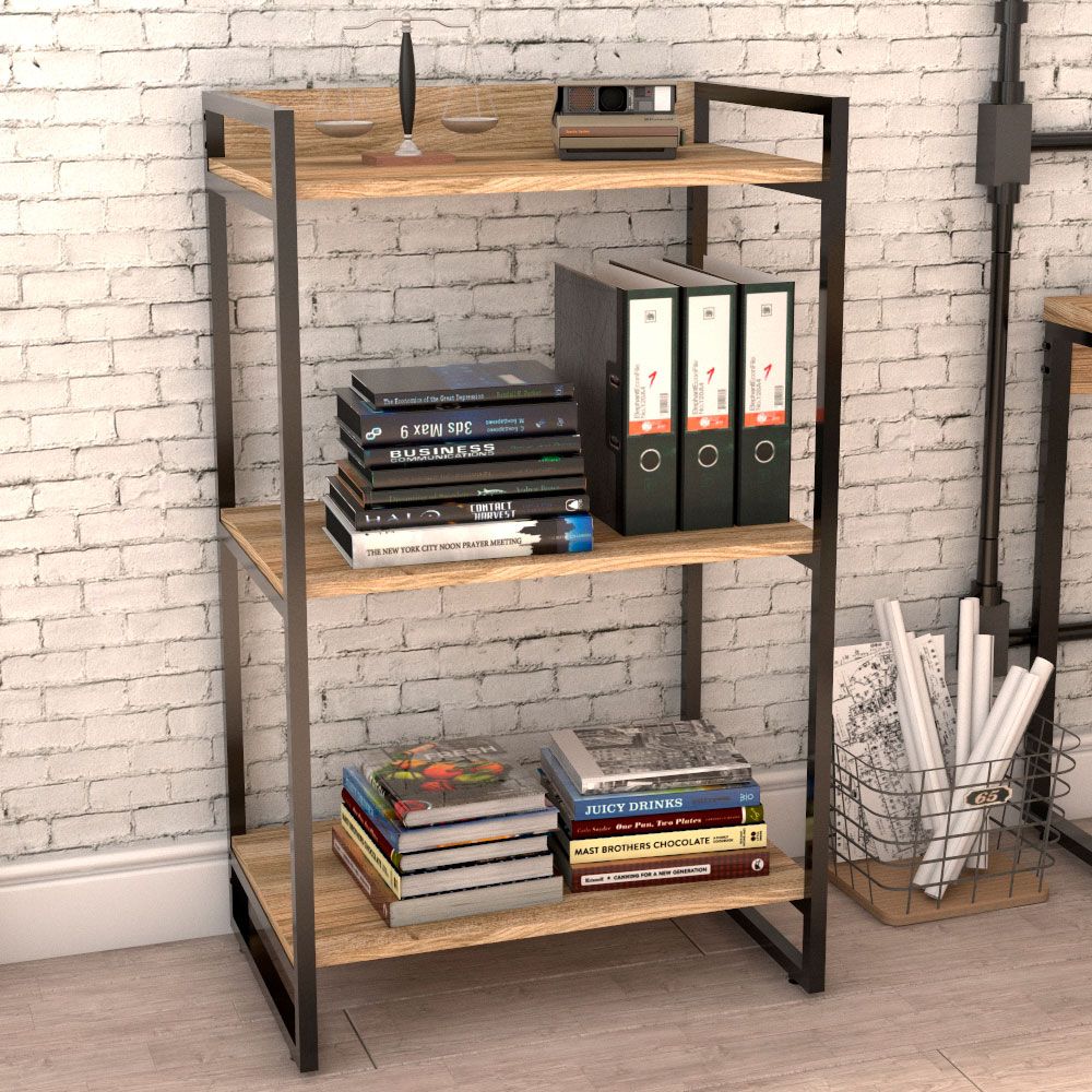 Kit Mesa Cavalete 135 cm com Estante 3 Prateleiras Estilo Industrial Form C01 Carvalho - Lyam Decor