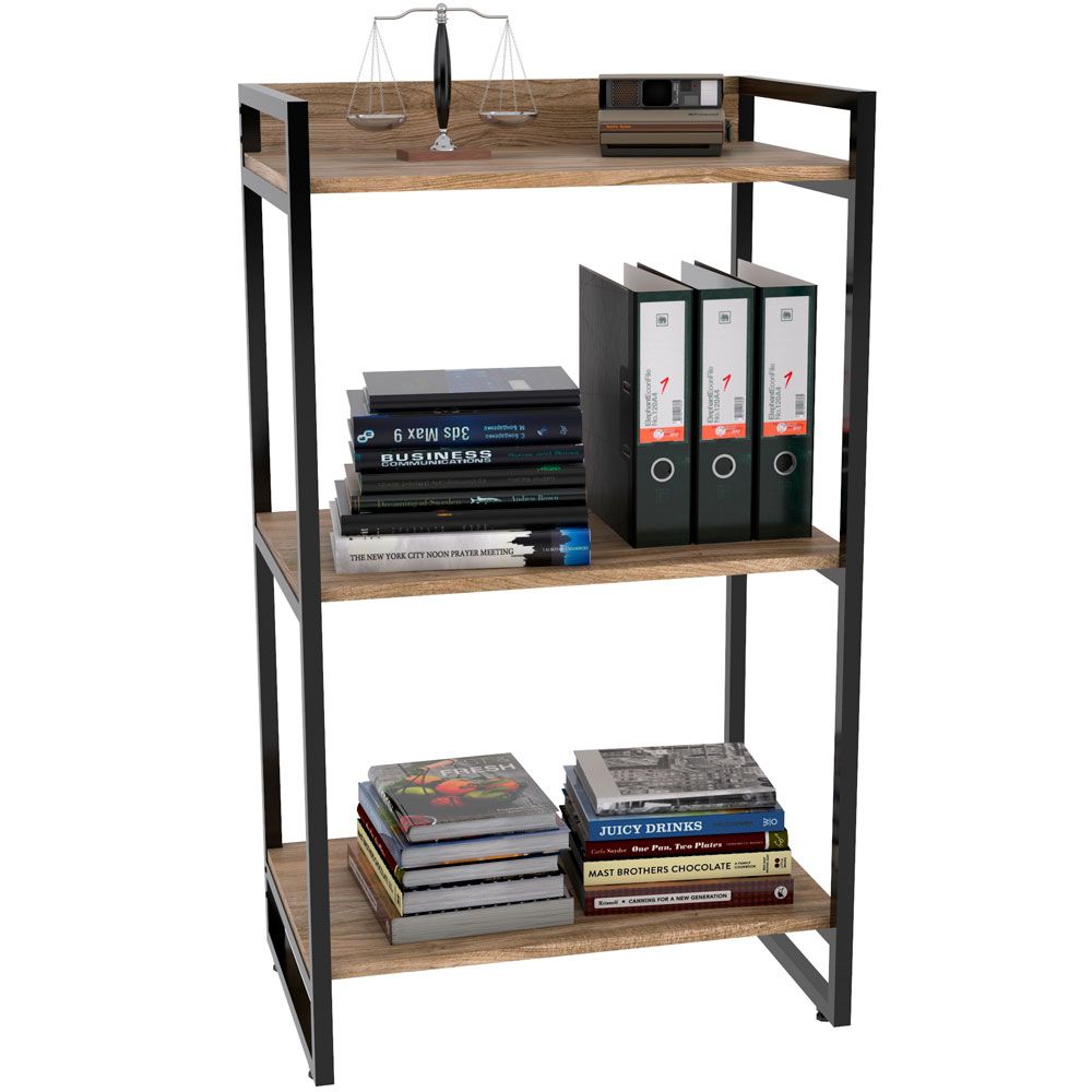 Kit Mesa Cavalete 135 cm com Estante 3 Prateleiras Estilo Industrial Form C01 Carvalho - Lyam Decor