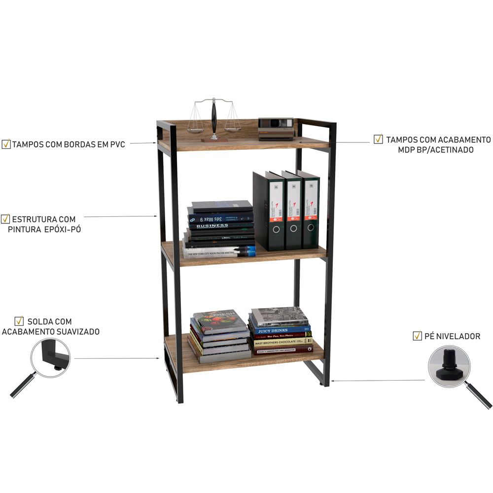 Kit Mesa Cavalete 135 cm com Estante 3 Prateleiras Estilo Industrial Form C01 Carvalho - Lyam Decor