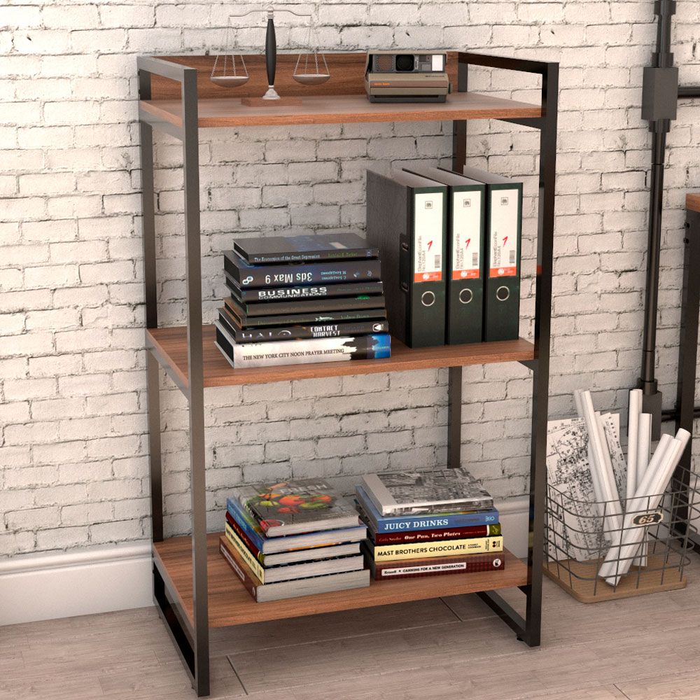 Kit Mesa Cavalete 135 cm com Estante 3 Prateleiras Estilo Industrial Form C01 Nogal - Lyam Decor